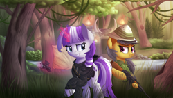 Size: 1920x1080 | Tagged: safe, artist:vanillaghosties, daring do, twilight velvet, pegasus, pony, unicorn, series:daring did tales of an adventurer's companion, ak, ak-47, assault rifle, bipedal, clothes, duo, fanfic, fanfic art, female, fire, forest, grass, grin, gun, hat, magic, map, mare, outdoors, raised hoof, rifle, smiling, standing, tree, weapon