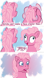 Size: 1080x1920 | Tagged: safe, artist:anscathmarcach, pinkie pie (g3), g3, g4, too many pinkie pies, betcha can't make a face crazier than this, derp, g3 to g4, generation leap, generational ponidox, horrified, open mouth, pinkie blind, reversed, role reversal, shocked