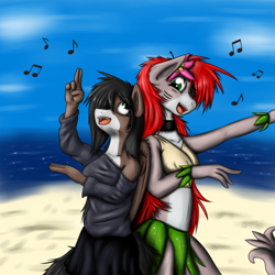 Size: 540x540 | Tagged: safe, artist:tyrix, oc, oc only, oc:scylla, oc:willow, anthro, kelpie, original species, pegasus, shark pony, anthro oc, beach, clothes, cute, dancing, female, flower, flower in hair, grass skirt, hawaiian flower in hair, hula, hula dance, leaf skirt, midriff, outfit, skirt