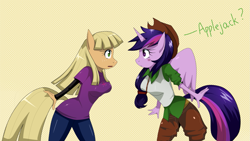 Size: 1551x875 | Tagged: safe, artist:traupa, derpibooru import, applejack, twilight sparkle, twilight sparkle (alicorn), alicorn, anthro, accessory swap, alternate hairstyle, applejack's hat, applerack, blushing, breasts, clothes, clothes swap, cowboy hat, dialogue, duo, female, hat, headlight sparkle, mane swap, role reversal, sudden style change