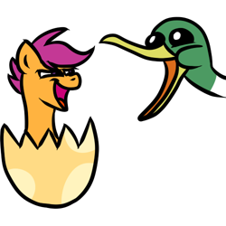 Size: 500x500 | Tagged: safe, artist:sherradestrix, scootaloo, duck, chickun, egg, exploitable meme, faic, forced meme, meme