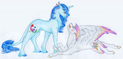 Size: 5000x2415 | Tagged: safe, artist:dawn22eagle, oc, oc only, oc:bright topaz, oc:diamond blade, classical unicorn, pegasus, pony, unicorn, colored wings, leonine tail, lying down, multicolored wings, next generation, offspring, parent:princess cadance, parent:shining armor, parents:shiningcadance, tail feathers, traditional art, wings