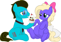 Size: 6293x4355 | Tagged: safe, artist:xniclord789x, oc, oc only, oc:refund check, oc:ruby shears, absurd resolution, belly, couple, cravings, female, food, husband and wife, ice cream, male, pregnancy cravings, pregnant, shipping, simple background, sundae, transparent background, underhoof