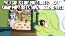 Size: 894x500 | Tagged: safe, screencap, apple bloom, granny smith, scootaloo, sweetie belle, earth pony, pegasus, pony, unicorn, family appreciation day, bed, caption, cutie mark crusaders, family guy, female, filly, herbert the pervert, image macro, imminent foalcon, imminent rape, imminent sex, implied foalcon, innuendo, its a trap, its a trap!, mare, meme, thermometer