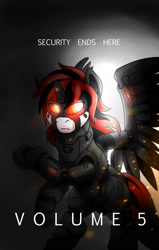 Size: 1400x2200 | Tagged: safe, artist:whitepone, oc, oc only, oc:blackjack, cyborg, pony, unicorn, fallout equestria, fallout equestria: project horizons, armor, cyber pony, glowing eyes, level 4 (alicorn eclipse) (project horizons), solo