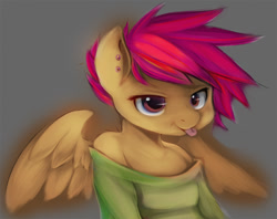 Size: 850x672 | Tagged: safe, artist:ende26, scootaloo, anthro, clothes, ear piercing, off shoulder, piercing, solo, tongue out