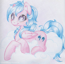 Size: 600x596 | Tagged: safe, artist:silvermoonbreeze, firefly, pegasus, pony, g1, cloud, cute, cutie mark, female, g1 to g4, generation leap, hooves, looking at you, lying on a cloud, mare, on a cloud, prone, smiling, solo, traditional art, wings