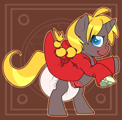 Size: 1219x1200 | Tagged: safe, artist:cuddlehooves, oc, oc only, oc:coal dust, pony, baby, baby pony, clothes, cosplay, costume, diaper, diaper fetish, edward elric, fetish, foal, fullmetal alchemist, poofy diaper, solo