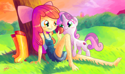 Size: 1920x1136 | Tagged: safe, artist:halem1991, apple bloom, sweetie belle, crusaders of the lost mark, equestria girls, adorabloom, apple, barefoot, boots, cute, cutie mark, diasweetes, feet, food, grass, halem1991 is trying to murder us, the cmc's cutie marks