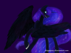 Size: 1280x960 | Tagged: safe, artist:fairyrave, nightmare moon, raised hoof, smiling, solo, spread wings