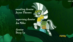 Size: 1889x1079 | Tagged: safe, screencap, zecora, zebra, the cutie re-mark, bodypaint, chrysalis resistance timeline, discovery family logo, ear piercing, earring, female, jewelry, mare, neck rings, opening credits, piercing, raised hoof, resistance leader zecora, solo, tree branch