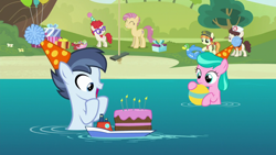 Size: 1280x720 | Tagged: safe, screencap, aquamarine, candy mane, nursery rhyme, shady daze, tag-a-long, twist, the one where pinkie pie knows, birthday cake, cake, candle