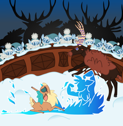 Size: 1954x2000 | Tagged: safe, artist:perplexedpegasus, blitz (tfh), velvet reindeer, deer, reindeer, winter sprite, them's fightin' herds, community related, ice sculpture, scene interpretation