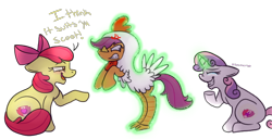 Size: 956x491 | Tagged: safe, artist:avzart, apple bloom, scootaloo, sweetie belle, crusaders of the lost mark, clothes, costume, cutie mark, cutie mark crusaders, dialogue, magic, scootachicken, scootaloo is not amused, simple background, sweetie belle's magic brings a great big smile, the cmc's cutie marks, transparent background