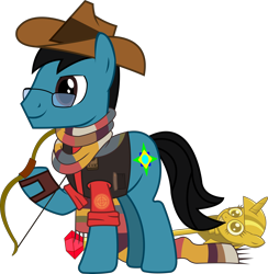 Size: 3000x3068 | Tagged: safe, artist:sketchmcreations, oc, oc only, oc:sketch mythos, bow (weapon), clothes, costume, cowboy hat, fourth doctor's scarf, glasses, hat, scarf, simple background, sniper, solo, stetson, team fortress 2, transparent background, twilight scepter