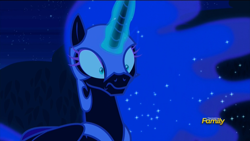 Size: 1920x1080 | Tagged: safe, screencap, nightmare moon, the cutie re-mark, discovery family logo, frown, glowing horn, magic, nightmare takeover timeline, solo, wide eyes