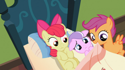 Size: 1366x768 | Tagged: safe, edit, screencap, apple bloom, diamond tiara, scootaloo, family appreciation day, crying, floppy ears, shipper on deck