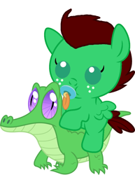 Size: 786x1017 | Tagged: safe, artist:red4567, gummy, oc, oc:northern haste, pony, baby, baby pony, cute, pacifier, ponies riding gators, recolor, riding