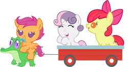 Size: 2285x1202 | Tagged: safe, artist:red4567, apple bloom, gummy, scootaloo, sweetie belle, pony, adorabloom, baby, baby apple bloom, baby belle, baby pony, baby scootaloo, cute, cutealoo, cutie mark crusaders, daaaaaaaaaaaw, diasweetes, foal, happy, pacifier, ponies riding gators, red4567 is trying to murder us, riding, wagon, weapons-grade cute