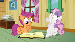 Size: 1280x720 | Tagged: safe, screencap, scootaloo, sweetie belle, hearts and hooves day (episode), book, hearts and hooves day, reading