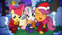 Size: 3464x1942 | Tagged: safe, artist:rainihorn, apple bloom, scootaloo, sweetie belle, adorabloom, blushing, boots, cape, caroling, clothes, cute, cutealoo, cutie mark crusaders, diasweetes, hat, magic, santa hat, scarf, singing, snow, snowfall, socks, sweater, wing gloves