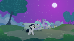 Size: 2970x1670 | Tagged: safe, artist:rozyfly10, flitter, rumble, bench, blushing, cute, female, flitterumble, male, moon, night, park background, ponyville, shipping, straight, straight shota, tree