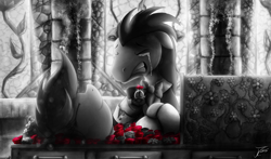 Size: 1800x1059 | Tagged: safe, artist:jamescorck, lucky clover, roseluck, fanfic:sanguine kindness, church, coffin, crying, dead, engagement ring, fanfic, fanfic art, flower, funeral, monochrome, neo noir, partial color, rose