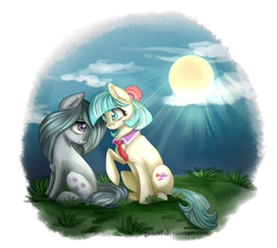 Size: 1243x1114 | Tagged: safe, artist:gela98, coco pommel, marble pie, cloud, crepuscular rays, friendshipping, grass, sitting, sun