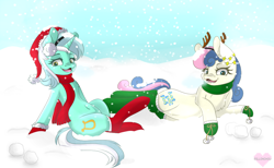 Size: 900x556 | Tagged: safe, artist:pillonchou, bon bon, lyra heartstrings, sweetie drops, antlers, christmas, clothes, earmuffs, hat, mittens, santa hat, scarf, snow, snowfall, socks, winter