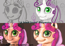 Size: 2100x1500 | Tagged: safe, artist:colorfulworks, sweetie belle, :3, nightmare fuel, solo, wip