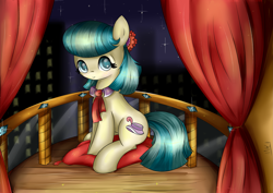 Size: 3507x2480 | Tagged: safe, artist:nika191319, coco pommel, made in manehattan, balcony, night, sitting, solo