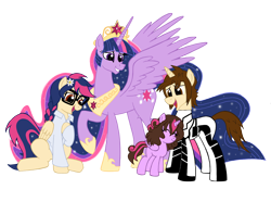 Size: 3000x2237 | Tagged: safe, artist:edcom02, artist:jmkplover, twilight sparkle, twilight sparkle (alicorn), oc, oc:gwen reilly parker sparkle, oc:mayday parker sparkle, alicorn, pegasus, pony, unicorn, alicorn oc, clothes, crossover, ethereal mane, family, female, future foundation, glasses, group, lab coat, mare, offspring, older twilight, parent:peter parker, parent:twilight sparkle, parents:spidertwi, peter parker, simple background, spider-man, spiders and magic iv: the fall of spider-mane, spiders and magic: rise of spider-mane, transparent background, ultimate twilight