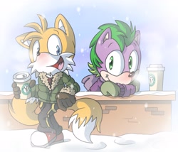 Size: 3500x3000 | Tagged: dead source, safe, artist:atomiclance, spike, anthro, fox, plantigrade anthro, coffee, crossover, cute, miles "tails" prower, sonic the hedgehog (series), sonicified, spikabetes