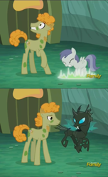 Size: 932x1536 | Tagged: safe, screencap, doctor muffin top, tornado bolt, changeling, earth pony, pony, the cutie re-mark, alternate timeline, chrysalis resistance timeline, cropped, discovery family logo, disguise, disguised changeling, horse md