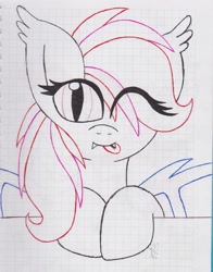 Size: 1600x2042 | Tagged: safe, artist:dustymeadowsarts, oc, oc only, bat pony, pony, hair over one eye, monochrome, tongue out, traditional art, wink