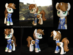 Size: 1800x1377 | Tagged: safe, artist:aplexpony, oc, oc only, oc:littlepip, pony, unicorn, fallout equestria, clothes, fanfic, female, glowing horn, gun, handgun, horn, little macintosh, magic, mare, pipbuck, revolver, sculpture, solo, telekinesis, vault suit, weapon