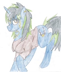 Size: 826x966 | Tagged: safe, artist:gamergirlist, oc, oc only, oc:dust rock, pony, unicorn, clothes, colored, leather jacket, rock pony, rocker, sketch, traditional art