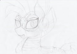 Size: 3507x2480 | Tagged: safe, artist:pumpkinkikile, zecora, zebra, the cutie re-mark, alternate hairstyle, chrysalis resistance timeline, monochrome, sketch, solo, traditional art