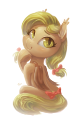 Size: 950x1380 | Tagged: safe, artist:mav, oc, oc only, oc:edelweiss, bat pony, pony, looking back, ribbon, smiling