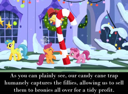Size: 1280x938 | Tagged: safe, screencap, lemon hearts, ruby pinch, scootaloo, hearth's warming eve (episode), brony, candy, candy cane, captured, food, hearth's warming eve, meme, stuck, text, tongue out, tongue stuck to pole, trapped, winter