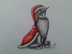 Size: 1024x768 | Tagged: safe, artist:lupiarts, part of a set, star swirl the bearded, pony, advent calendar, hat, santa hat, sitting, solo, traditional art