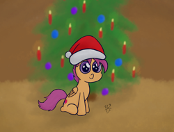 Size: 3688x2797 | Tagged: safe, artist:123turtleshell, scootaloo, christmas, christmas tree, hat, santa hat, solo, tree