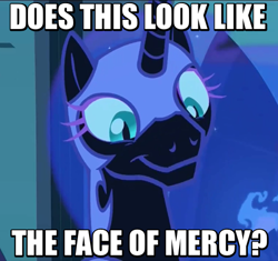 Size: 478x450 | Tagged: safe, edit, edited screencap, screencap, nightmare moon, alicorn, pony, the cutie re-mark, caption, cute, face of mercy, faic, image macro, meme, moonabetes, moonie snacks, nightmare takeover timeline, smiling, solo