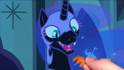 Size: 950x534 | Tagged: safe, edit, edited screencap, screencap, nightmare moon, the cutie re-mark, cute, eyes on the prize, faic, fangs, hand, moonie snacks, nightmare takeover timeline, open mouth, sharp teeth, smiling, treat