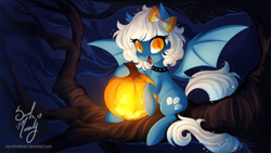 Size: 1024x576 | Tagged: safe, artist:starshinebeast, oc, oc only, oc:spookums, bat pony, pony, halloween, jack-o-lantern, nightmare night, pumpkin, solo, tree