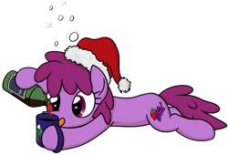 Size: 1591x1080 | Tagged: safe, artist:moemneop, berry punch, berryshine, cup, drunk bubbles, hat, mug, mulled wine, santa hat, simple background, solo, transparent background