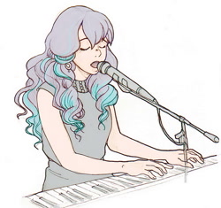 Size: 533x500 | Tagged: safe, artist:yanabau, coloratura, human, the mane attraction, humanized, microphone, piano, rara, scene interpretation, simple background, singing, solo, white background