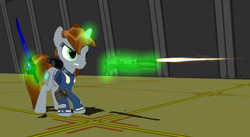 Size: 1128x616 | Tagged: safe, artist:zoroark67, oc, oc only, oc:littlepip, pony, unicorn, fallout equestria, 3d, clothes, crossover, dlc, fake dlc, fallout, fanfic, fanfic art, female, glowing horn, gun, magic, mare, mmd, phantasy star, phantasy star online, pipbuck, saber, shooting, shotgun, solo, sword, telekinesis, vault suit, weapon