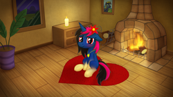 Size: 3164x1780 | Tagged: safe, artist:moemneop, oc, oc only, oc:shiny saphir, pony, unicorn, blushing, cute, fireplace, floppy ears, flower, flower in hair, looking at you, necklace, sitting, smiling, solo