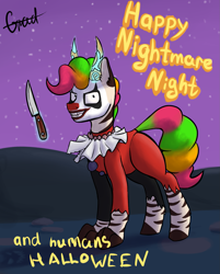 Size: 1451x1801 | Tagged: safe, artist:gradoge, oc, oc only, hybrid, zebra, clown, halloween, nightmare night, paws, shadow, smiling, stars, zebra hybrid, zebra oc